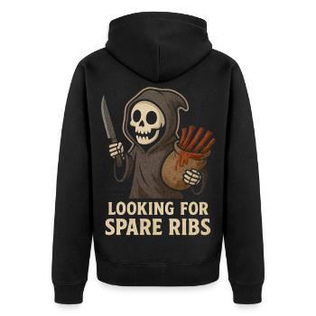 Halloween Skelett looking for Spare Ribs Shirt Fun - Unisex Premium Bio Zip Hoodie - Schwarz - Hinten - Nico (187cm)
