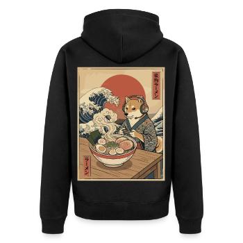 Kawaii Gamer Shiba Gaming with Ramen Bowl Süß - Unisex Premium Bio Zip Hoodie - Schwarz - Hinten - Nico (187cm)