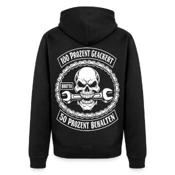 100 Prozent Geackert 50 Prozent Behalten - Unisex Premium Bio Zip Hoodie - Schwarz - Hinten - Nico (187cm)