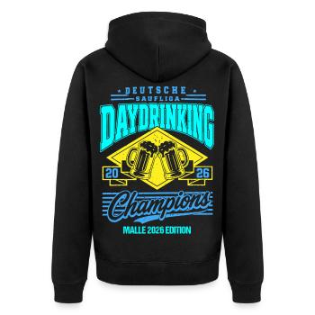 Malle 2026 Daydrinking Champions Malle 2026  - Unisex Premium Bio Zip Hoodie - Schwarz - Hinten - Nico (187cm)