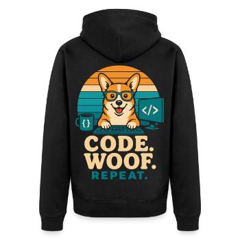 Code Woof Repeat Programmer Corgi - Unisex Premium Organic Zip Hoodie - black - Back - Nico (187cm)