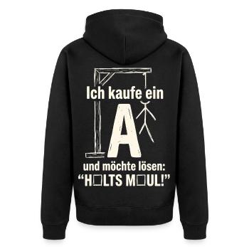 Galgenmännchen: Ich kaufe ein A - Halts Maul - Unisex Premium Bio Zip Hoodie - Schwarz - Hinten - Nico (187cm)
