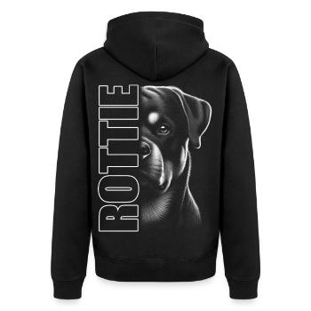 Rottweiler Porträt mit ROTTIE Schriftzug - Unisex Premium Bio Zip Hoodie - Schwarz - Hinten - Nico (187cm)