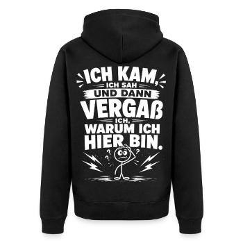 Ich kam, ich sah und dann vergaß ich - Unisex Premium Bio Zip Hoodie - Schwarz - Hinten - Nico (187cm)