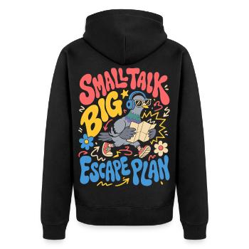 Small Talk Big Escape Plan – Introvertierter Vogel - Unisex Premium Bio Zip Hoodie - Schwarz - Hinten - Nico (187cm)