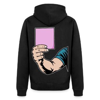Pinke Karte - Unisex Premium Bio Zip Hoodie - Schwarz - Hinten - Nico (187cm)