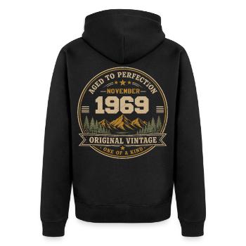 November 1969 Vintage Mountain Retro November 1969 - Unisex Premium Bio Zip Hoodie - Schwarz - Hinten - Nico (187cm)