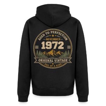 November 1972 Vintage Mountain Retro November 1972 - Unisex Premium Bio Zip Hoodie - Schwarz - Hinten - Nico (187cm)