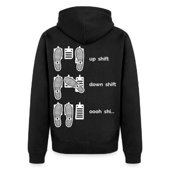 Schaltgetriebe: Hochschalten, Runterschalten, Oooh Shi.. - Unisex Premium Bio Zip Hoodie - Schwarz - Hinten - Nico (187cm)