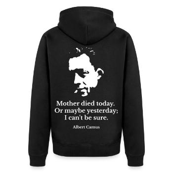 Zitat von Albert Camus Stranger - Unisex Premium Bio Zip Hoodie - Schwarz - Hinten - Nico (187cm)