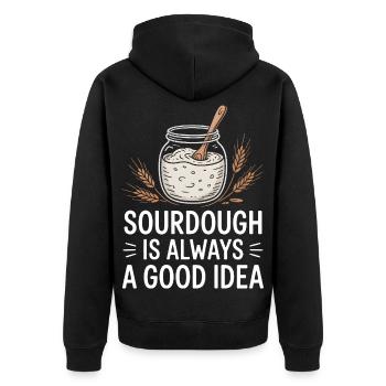 Sauerteig ist immer eine gute Idee - Unisex Premium Bio Zip Hoodie - Schwarz - Hinten - Nico (187cm)