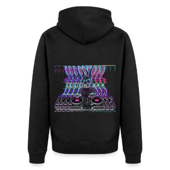 Cyberpunk Neon Beat DJ Hase - Unisex Premium Bio Zip Hoodie - Schwarz - Hinten - Nico (187cm)