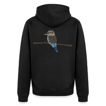 Lachender Hans - Kookaburra ohne Hintergrund - Unisex Premium Bio Zip Hoodie - Schwarz - Hinten - Nico (187cm)
