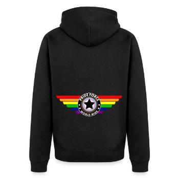 pride force, world wide - Unisex Premium Bio Zip Hoodie - Schwarz - Hinten - Nico (187cm)