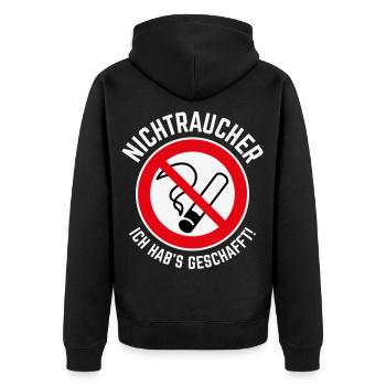 Nichtraucher – Ich Hab’s Geschafft! (3C / W) - Unisex Premium Bio Zip Hoodie - Schwarz - Hinten - Nico (187cm)