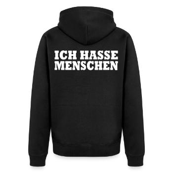 Ich hasse menschen - Unisex Premium Bio Zip Hoodie - Schwarz - Hinten - Nico (187cm)