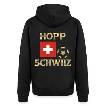 Hopp Schwiiz - Unisex Premium Bio Zip Hoodie - Schwarz - Hinten - Nico (187cm)