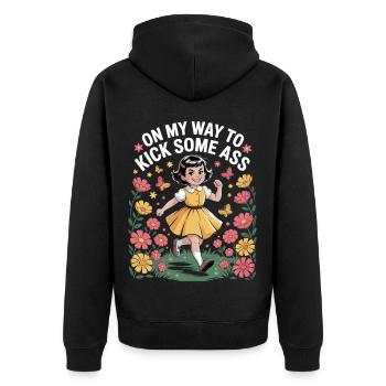 Auf dem Weg, ein paar Arsch zu treten - Unisex Premium Bio Zip Hoodie - Schwarz - Hinten - Nico (187cm)