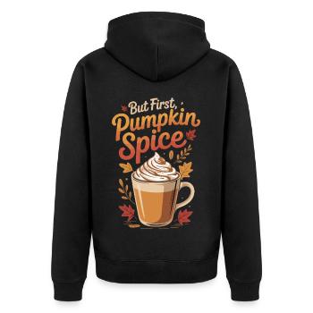 Aber zuerst Pumpkin Spice Latte - Unisex Premium Bio Zip Hoodie - Schwarz - Hinten - Nico (187cm)