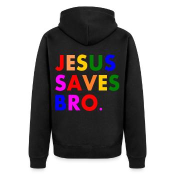 Jesus saves bro - Unisex Premium Bio Zip Hoodie - Schwarz - Hinten - Nico (187cm)