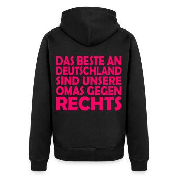 beste an deutschland sind unsere omas gegen rechts - Unisex Premium Bio Zip Hoodie - Schwarz - Hinten - Nico (187cm)