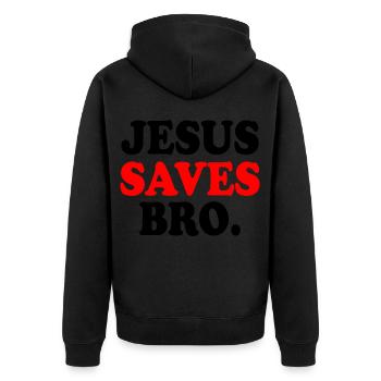 Jesus saves bro - Unisex Premium Bio Zip Hoodie - Schwarz - Hinten - Nico (187cm)