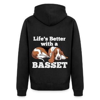 Das Leben ist besser mit einem Basset Hound - Unisex Premium Bio Zip Hoodie - Schwarz - Hinten - Nico (187cm)