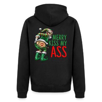 Merry Kiss My Ass Anti Weihnachten Spruch Geschenk - Unisex Premium Bio Zip Hoodie - Schwarz - Hinten - Nico (187cm)