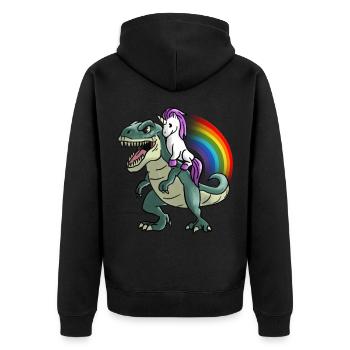 Unicorn rides on T-Rex rainbow gift - Unisex Premium Organic Zip Hoodie - black - Back - Nico (187cm)