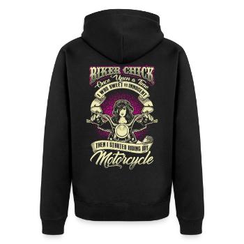 Biker Bikerin Motorrad Motorradfahrer Chick Frau - Unisex Premium Bio Zip Hoodie - Schwarz - Hinten - Nico (187cm)