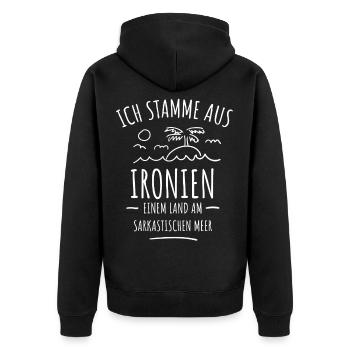 Ich stamme aus Ironien Ironie Sarkasmus - Unisex Premium Bio Zip Hoodie - Schwarz - Hinten - Nico (187cm)