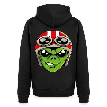 UFO Alien Ausserirdrischer Alienkopf Motorrad Helm - Unisex Premium Bio Zip Hoodie - Schwarz - Hinten - Nico (187cm)