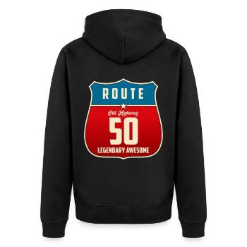 50e anniversaire Route du 50e anniversaire Légende de la route - Veste à capuche bio Premium Unisexe - noir - Dos - Nico (187cm)