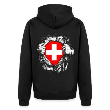 Schweiz Superheld Held Schweizerkreuz - Unisex Premium Bio Zip Hoodie - Schwarz - Hinten - Nico (187cm)