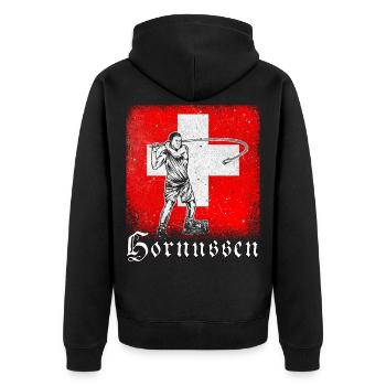 Schweiz Hornussen Nationalsport Tradition - Unisex Premium Bio Zip Hoodie - Schwarz - Hinten - Nico (187cm)