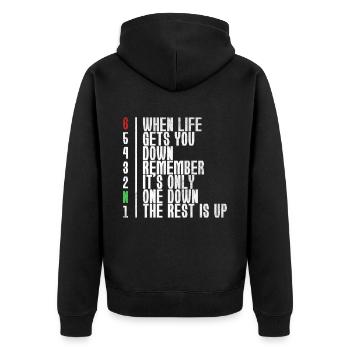 Motorrad Schaltung Gänge Leben - Unisex Premium Bio Zip Hoodie - Schwarz - Hinten - Nico (187cm)