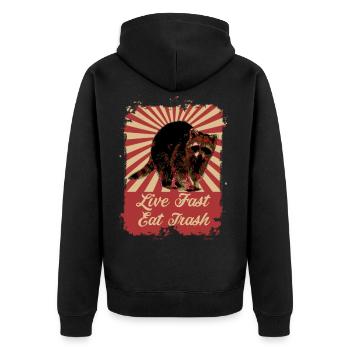 Waschbär Live Fast Eat Trash Retro Vintage - Unisex Premium Bio Zip Hoodie - Schwarz - Hinten - Nico (187cm)