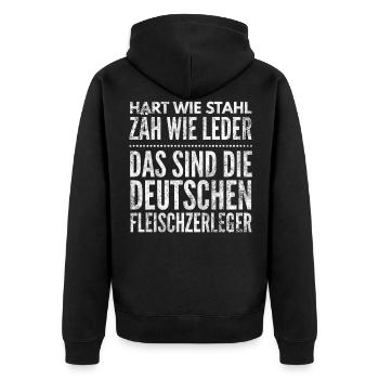 Hart wie Stahl Metzger Fleischer Geschenk - Unisex Premium Bio Zip Hoodie - Schwarz - Hinten - Nico (187cm)