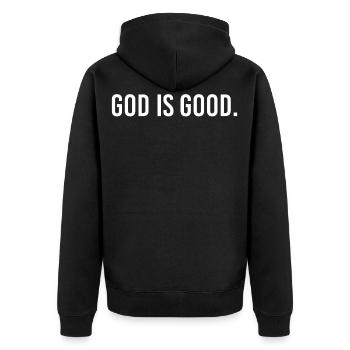 Gott ist gut christlich - Unisex Premium Bio Zip Hoodie - Schwarz - Hinten - Nico (187cm)