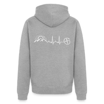 Geocaching Herzschlag Geschenk Caches Geocache - Unisex Premium Bio Zip Hoodie - Grau meliert - Hinten - Nico (187cm)