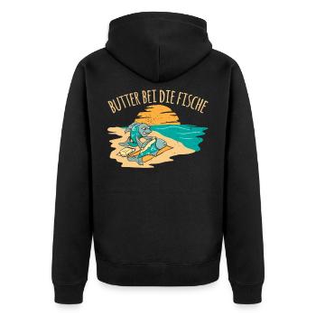 Butter bei die Fische Plattdeutsch Spruch - Unisex Premium Bio Zip Hoodie - Schwarz - Hinten - Nico (187cm)