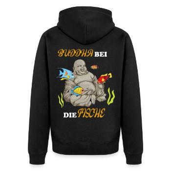 Buddha bei die Fische Plattdeutsch Spruch - Unisex Premium Bio Zip Hoodie - Schwarz - Hinten - Nico (187cm)