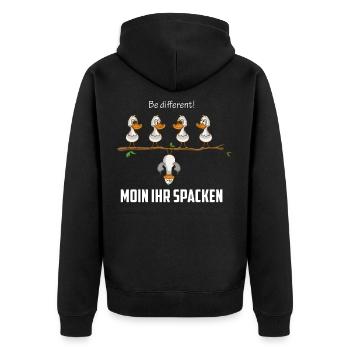 Be different sagt die Möwe Moin ihr spacken - Unisex Premium Bio Zip Hoodie - Schwarz - Hinten - Nico (187cm)