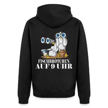 Moin plattdeutsch norddeutsch Möwen Fischbrötchen - Unisex Premium Bio Zip Hoodie - Schwarz - Hinten - Nico (187cm)