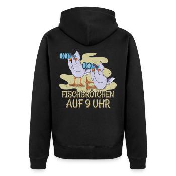Moin plattdeutsch norddeutsch Möwen Fischbrötchen - Unisex Premium Bio Zip Hoodie - Schwarz - Hinten - Nico (187cm)