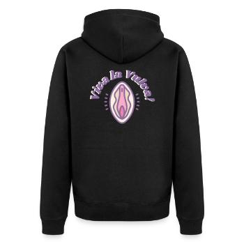 Feministin Viva la Vulva Protest Girls Support Fun - Unisex Premium Bio Zip Hoodie - Schwarz - Hinten - Nico (187cm)
