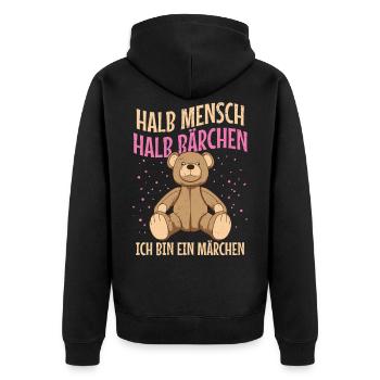 Bär halb Mensch Halb Bärchen, ich bin ein Märchen - Unisex Premium Bio Zip Hoodie - Schwarz - Hinten - Nico (187cm)