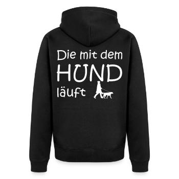 Die mit dem Hund geht SPruch - Unisex Premium Bio Zip Hoodie - Schwarz - Hinten - Nico (187cm)