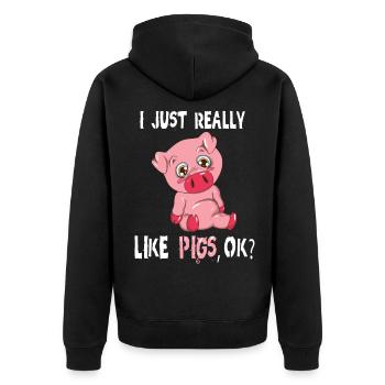 I Just really like Pigs ok Rosa Schweinchen Spruch - Unisex Premium Bio Zip Hoodie - Schwarz - Hinten - Nico (187cm)