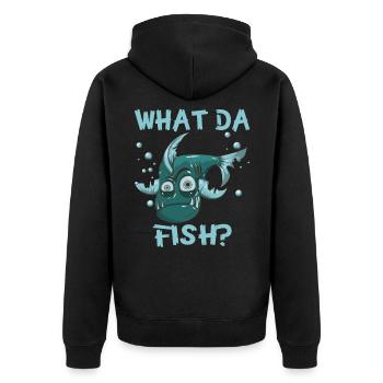 What the Fish Was zum Fisch Lustig Angler Motiv - Unisex Premium Bio Zip Hoodie - Schwarz - Hinten - Nico (187cm)